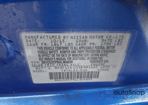 2016 Nissan Versa Note Sv from USA, damaged, VIN 3N1CE2CP9GL364839